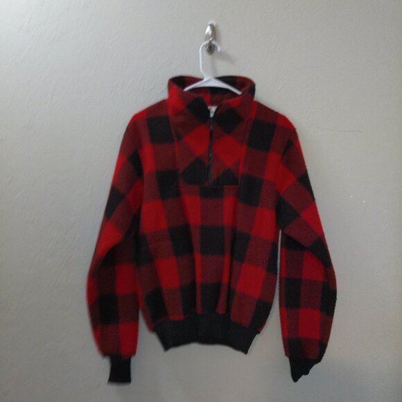 Vintage EMG Buffalo Plaid Fleece Pullover Half Zip Red Black – Size Small - Picture 1 of 4